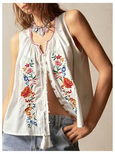 GORGLITTER Women's Floral Embroidered Tops Y2K Sleeveless Scoop Neck Button Down Tank Top2