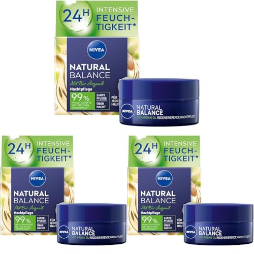 NIVEA Natural Balance regenerierende Nachtpflege (50 ml), Feuchtigkeitsscreme mit Bio Arganöl, Jojoba- und Mandelöl, pflegende Nachtcreme für jeden Hauttyp (Packung mit 3)
