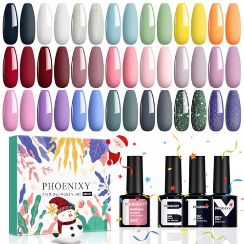 Phoenixy 21 Colores Esmaltes Semipermanentes para Uñas 24pcs U V/LED Pintauñas Semipermanentes Vibrante con Base Top Coat Brillante y Mate Regalos para Mujeres