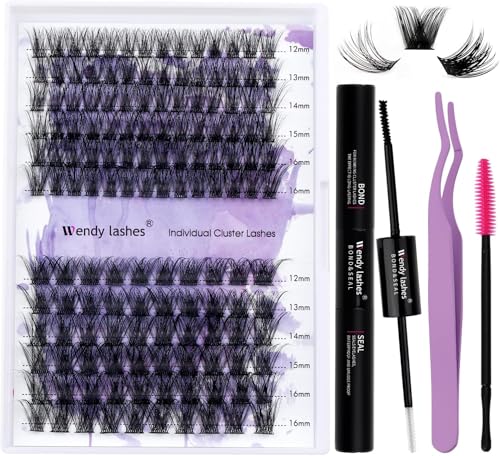 Lash Clusters Kit for Using at Home: Ultra-light, DIY, Natural, Fluffy, Wispy, Waterproof, Anime, Manga, Cat Eye, 3D Curl, 12-16mm, 60P+80P, Wendy, RT318