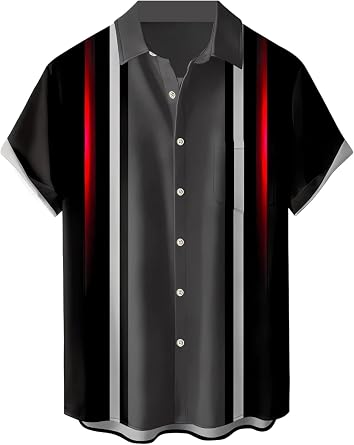 Bowling Shirts for Men Vintage 50s Short Sleeve Gradient Stripe Printed Casual Button Down Beach Shirt