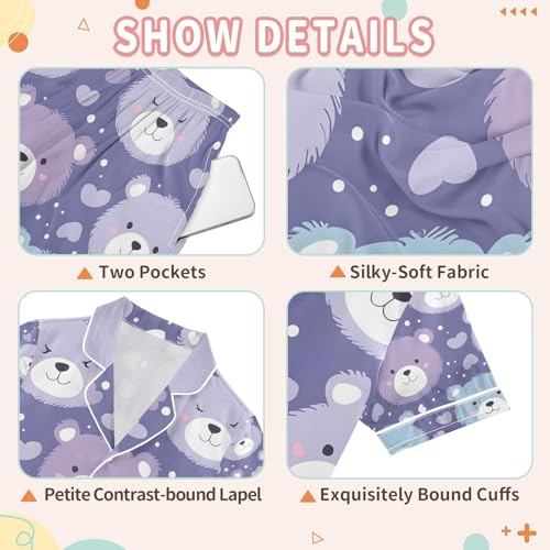 senya Cute Bear Face Purple Satin Summer Pajama Sets Silk Short Sleeve Button Down Sleepwear3