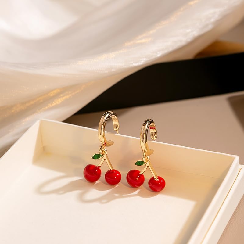 Anmpab Cute Strawberry Cherry Earrings for Women Sweet Red Fruit Cherry Strawberry Dangle Drop Hoop Earrings Jewelry Accessories - Image 8