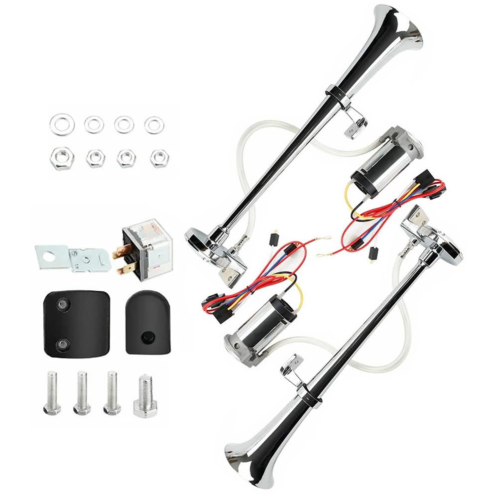 NEWFUN Bocina Aire Comprimido, Bocina Camion, Claxon Coche 12v Potente, Bocinas Musicales, para Coche Camión Coche Triciclo Barco Tren Etc （ Compresor ya Incluido en el Kit）