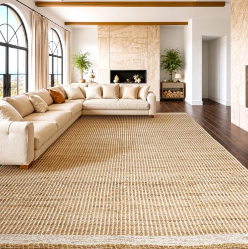 RUSVILLA 10x14 feet Natural Jute & Wool Area Rug,– Handwoven Mini Check Natural Fiber Rug with 4" Border, Neutral Boho Farmhouse Rug for Living Room,Dining Room,Bedroom | 0.6" Pile (10' x 14')