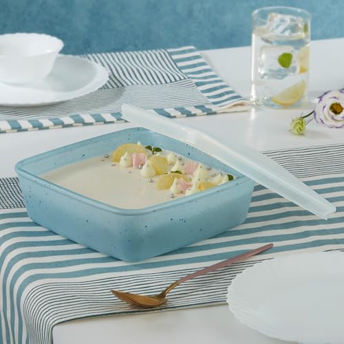 Image of Borosil 800 ml Blue Baking & Serving Dish with Lid | Borosilicate Glass Square Shape Bakeware and Serveware Casserole Dish Tray | Microwave, Oven & Dishwasher Safe Bowl
