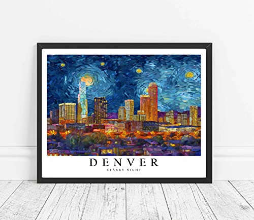 Denver Unframed Art Print Poster, Van Gogh Starry Night Theme Wall art Painting Decor, Art Home Skyline Artwork For Bedroom, Bathroom, Living Room 51 (Denver, 20"L x 16"W, Unframed)