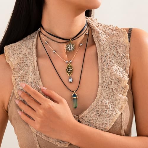 Layered Boho Necklace for Women Stacked Crystal Chain Necklace Sun Pendant Hippie Boho Choker Jewelry2