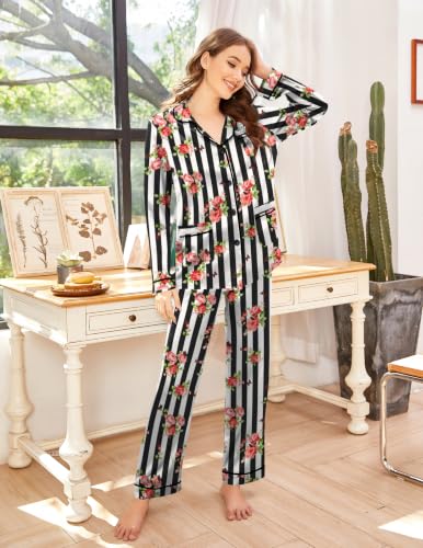 Image of Ekouaer Pajamas for Women Silk Satin Button Down Long Sleeve Pajama Sets