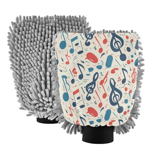 ALAZA Music Notes Car Wash Mitt Scratch Free, 2 Pack Absorbent Microfiber/Chenille Washing & Drying Mitts, M