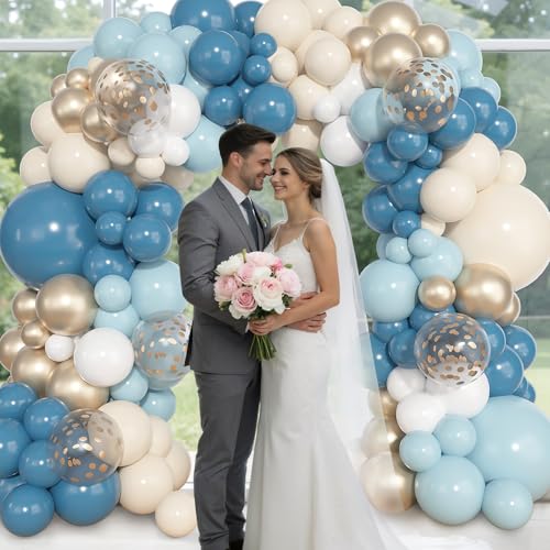 Image of Ouddy Life 157 Pcs Dusty Blue Balloons Garland Arch Kit, Fog Pastel Slate Blue Sand White Champagne Gold Confetti Balloons Different Size for Boho Bridal Baby Shower Birthday Wedding Party Decorations