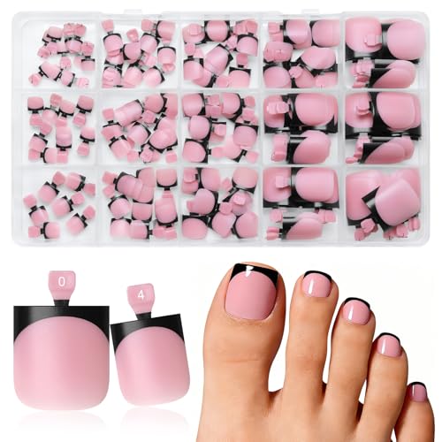 180pc Black French Tip Press on Toenails Women with Glue French Tip Toe Nails Press ons Pink Press on Toes Nails Square Toe Press on Nails Pedicure Fake Toe Nails Tip Acrylic False Glue on Toenail
