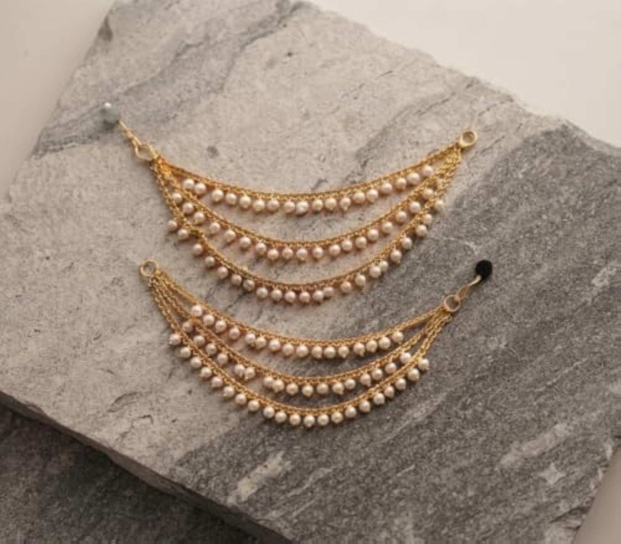 Gold-Toned Multi-Layer Draped Pearl Ear Chain Earrings