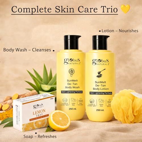 Image of Globus Naturals Detan Body Care Summer Kit | Body Wash + Body Lotion + Lemon Soap + Loofah | Tan Removal, Deep Cleansing & Hydration | Brightening & Fresh Glow Skin | Daily Use Bath Essentials | For Men & Women | All Skin Types