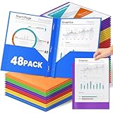 IJIGU 48 Pack 2 Pocket Folders with 3 Prongs, Bulk Plastic Folders with Clear Front Pocket in 6 Colors, Heavy Duty File Folder with Fastener Clasps, Ideal School and Office Supplies