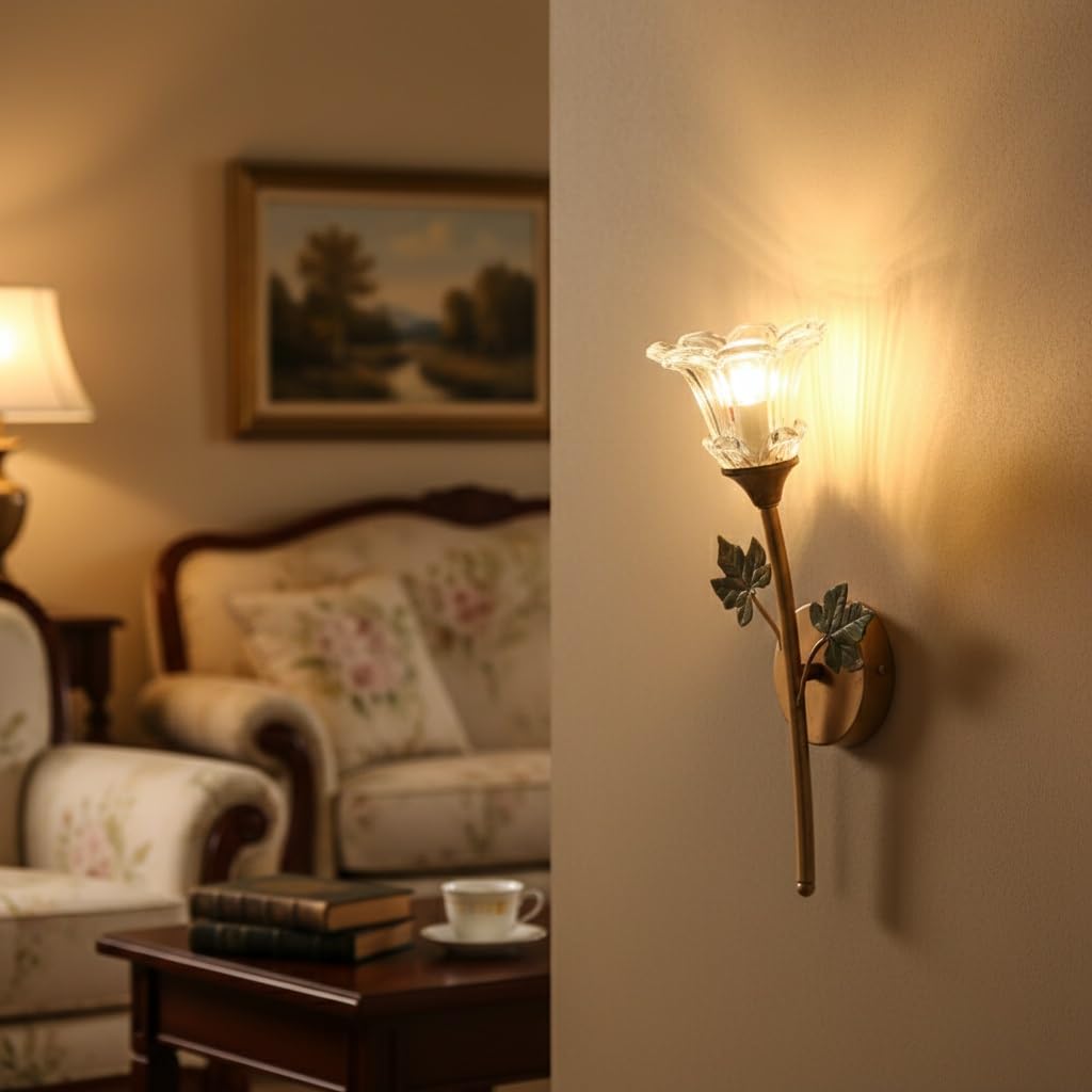 Kinkiet do sypialni, korytarza, wnętrza, styl vintage, europejskie kwiaty, antyczny brąz, żelazo, 1-E14, lampa na stałe podłączona, klosz z przezroczystego szkła, z zielonymi liśćm