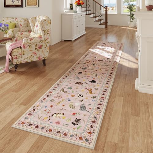 Runners for Kitchen Runner Rug Non Slip 2'x10' Long Washable Rugs with Rubber Backing Soft Floral Animal Cat Carpet Runner for Kitchen Laundry Bedroom Bathroom, Pink