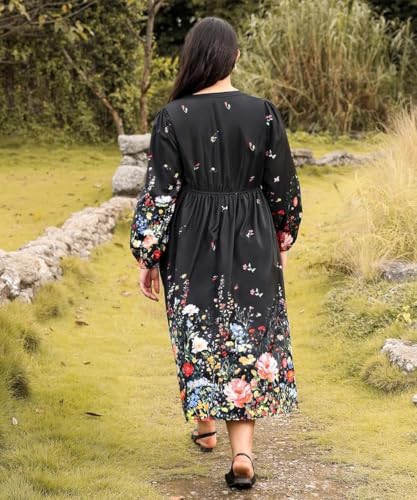 Image of TIYOMI Womens Plus Size Dresses Fall Long Sleeve Maxi Dresses V Neck Floral Spring Party Dress with Pockets XL-5XL (14W-28W)
