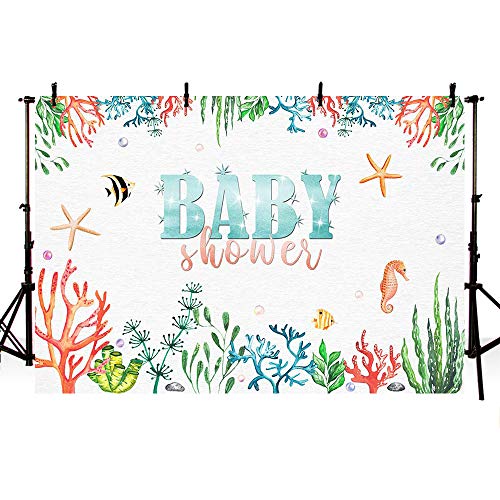 MEHOFOND 7x5ft Under The Sea Baby Shower Photography Backdrop Ocean Mermaid Theme Underwater Party Decoration Pearls Starfish Shell Ocean Glitter Baby Shower Photo Studio Booth Background Banner
