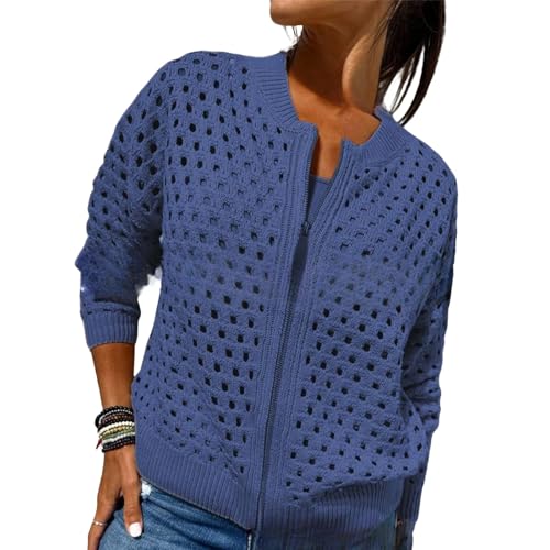 Whimsyard Damen-Strickjacke mit Reißverschluss und Aussparungen, gehäkelter Cardigan mit Reißverschluss, Damen-Strickoberteil, Häkeloberteil, blau, M