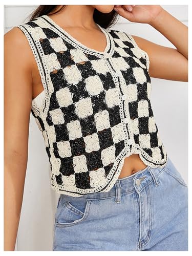 Verdusa Women's Sweater Vest Button Front V Neck Sleeveless Crochet Plaid Checkered Knit Sweater Vest3