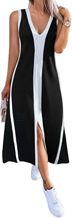 CHICME Womens Sleeveless V Neck Color Block Dress with Slit Casual Summer Midi Dresses