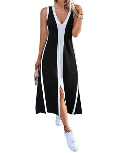 CHICME Women's Sleeveless V Neck Color Block Dress with Slit