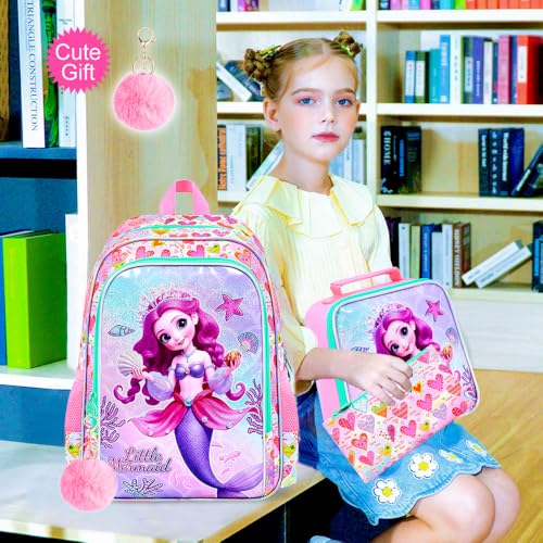 Image of CCJPX 16 inch Mermaid Backpack for Girls, 3Pcs Kids Bookbag with Lunch Box, Water Resistant Elementary School Bag for Kindergarten Preschool Toddler (Pink)