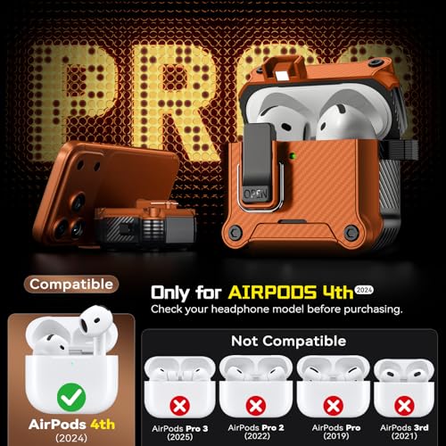 Image of Inesore for AirPods 4 Case with Secure Lock (Orange) | Phone Stand Design,Compatible with MagSafe,Automatic Snap Switch Secure Cover Carbon Fiber Texture with Cleaner Kit