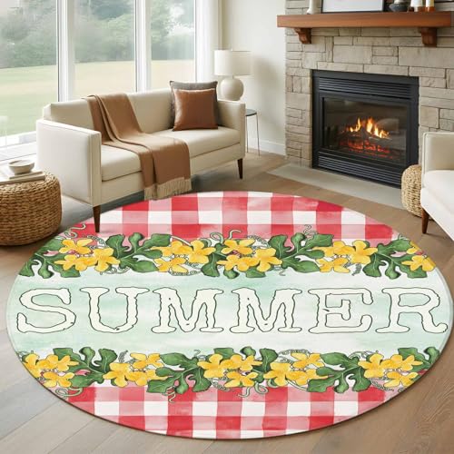 Savannan Indoor Area Rugs, Summer Time Yellow Floral Non-Slip Round