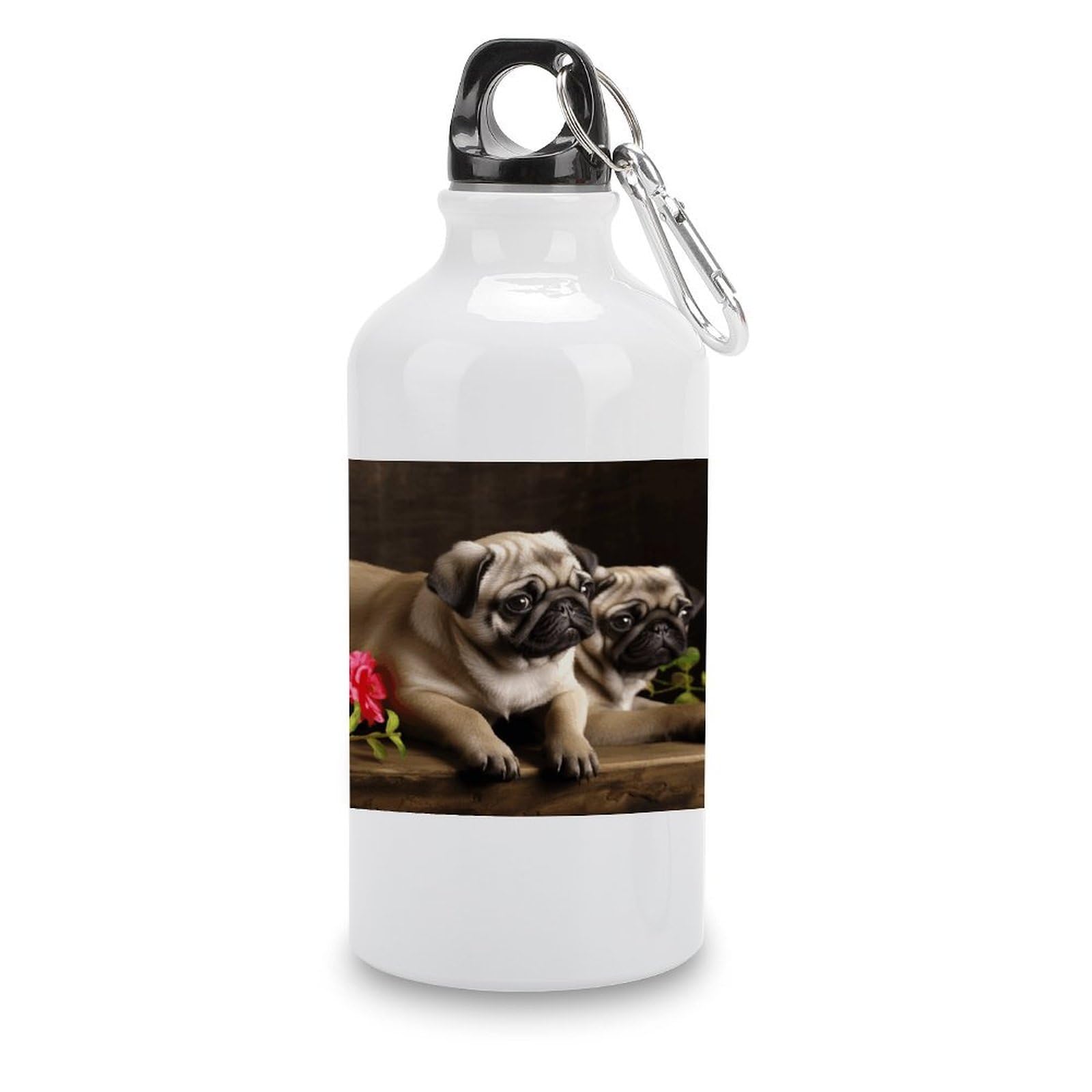 VstaDank Puppys Pug Water Bottles Aluminum Sports Water Bottle with Lid&Hook Buckle Fashion Vacuum Insulated Water Bottles Hydration Flask Leak Proof Tumbler Keep Cold&Hot