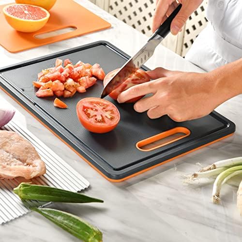 Linoroso Chopping Board Coloured Plastic Cutting Boards Set of 3 for Kitchens with Defrosting Tray Juice Grooves Easy Grip Handle Slip Resistant Dishwasher Safe (BPA Free) - Lava Orange