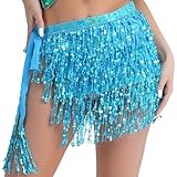 Betrynidil Falda Flecos,Faldas Lentejuelas,Falda de Danza del Vientre para Mujer,Vestido con Falda de Flecos Rave,para Halloween,Navidad,Fiestas de Disfraces y Carnavales (Azul Cielo)