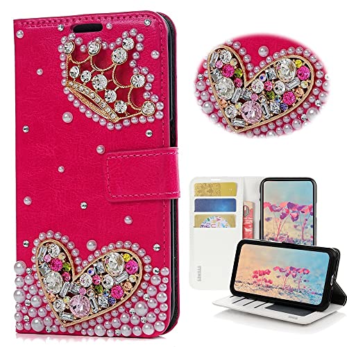 STENES Bling Wallet Phone Case Compatible with T-Mobile REVVL 7 5G Case - Stylish - 3D Handmade Crown Heart Design Magnetic Wallet Stand Girls Women Leather Cover - Red
