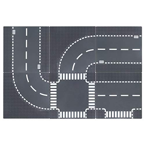 Bauplatten für Straßen, Städte, Straßenplatten,Kompatibel mit Allen gängigen Marken, 25.5*25.5cm Platten-Set für Kreatives Spielen, Lernspielzeug (6 Stück(2 Gerade,2 Kurve,T-Kreuzung+Kreuzung))