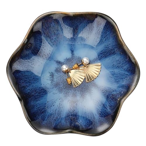 CavspkArt Plateau à bijoux décoratif en céramique, petit plat à bijoux, plateau à clés, cadeau pour femmes et filles (bleu foncé)