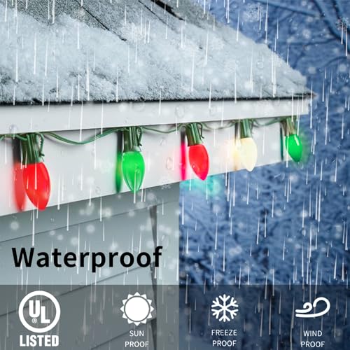 Image of 25FT C7 Christmas Lights Outdoor, Red Green White 3-Color LED String Lights for Roof, Fence, Tree, Wedding, Party, Patio, Bright Holiday Decor