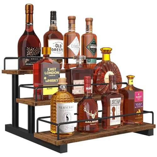 Homode Liquor Bottle Display Shelf, Coffee Syrup Rack Organizer, 3 Tier Wine Rack Countertop, Home Retro Bar Shelf Stand Holder for Liquor Whiskey Spirits, Mini Bar, Liquor Cabinet, Rustic Brown