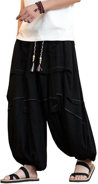 HAORUN Men Wide Leg Baggy Pants Casual Loose Fit Elastic Waist with Drawstring Chinese Retro Trousers