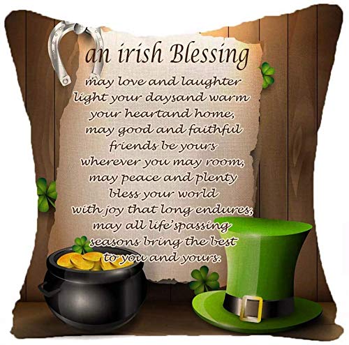 Giftme Happy St. Patrick's Day Irish Blessing Irish National Day Green Hat Gold Clover themed Linen Cushion Cover-Throw Pillow Cover.
