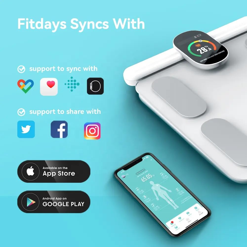 Pèse Personne Balance Connectée Impédancemètre Avec 8 Électrodes 29 Données Corporelle Affichage LCD Recharge USB C Avec APP pour Andriod et iOS, Max. 180kg/400lb/28st, 30 * 30CM