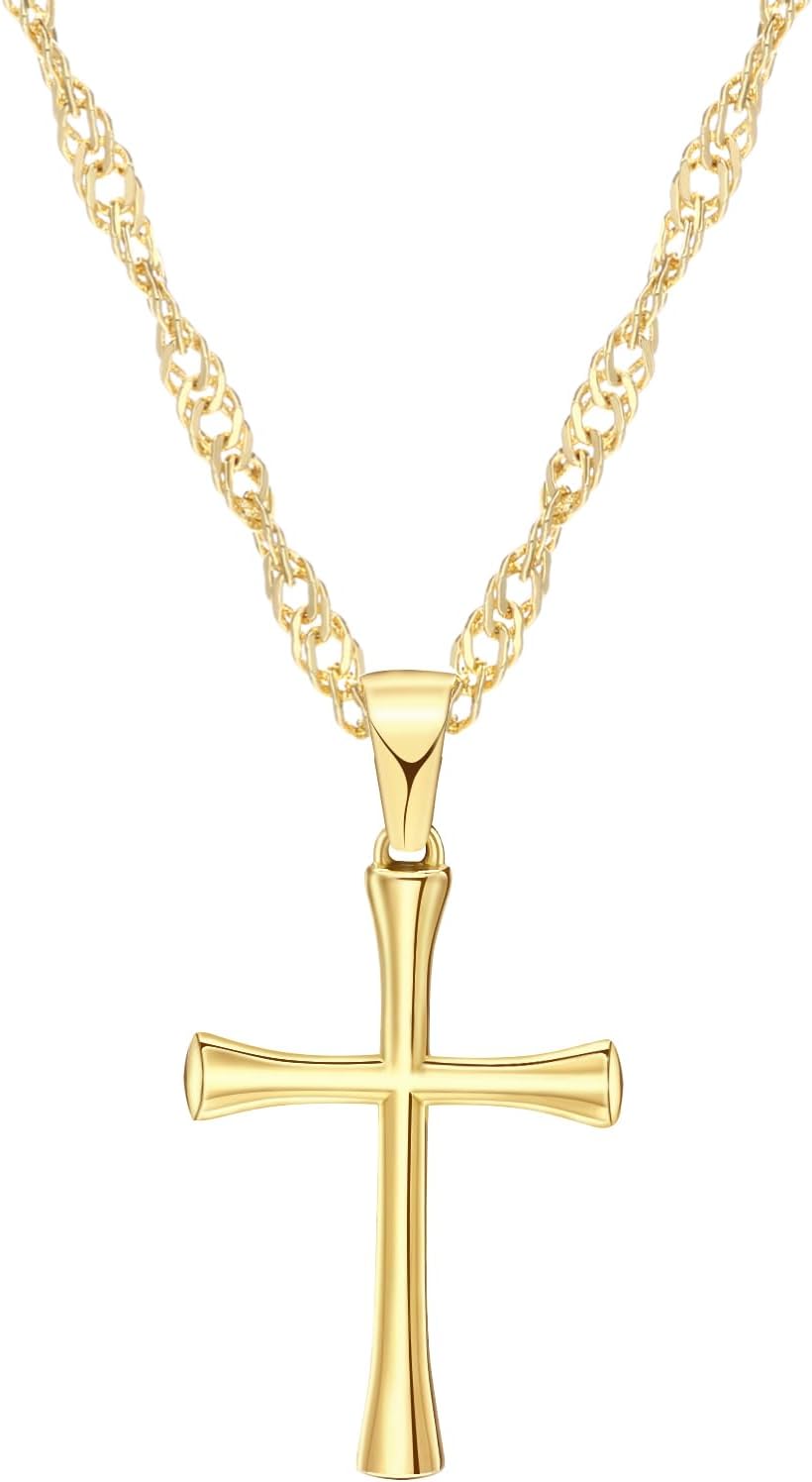 Small Cross Pendant Necklace for Women, 18" + 2" Wave Chain Stainless Steel