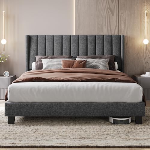 Yaheetech Cama Doble Tapizada 160 x 200cm con Somier de Lamas con Cabecero Rayado Moderno Estructura de Madera y Metal Marco de Cama para Adultos 2 Personas Gris Oscuro