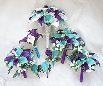 Wedding Floral Purple Calla Lilies with Crystals Berries Bling (Bridesmaid Bouquet)