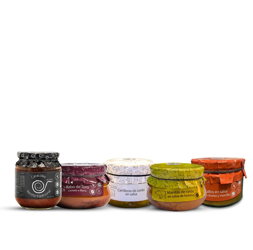 Pack Gourmet 5. Rabo de Toro estofado 640gr + Carrilleras cerdo al vino blanco 440gr + Caracoles en salsa 550gr + Manitas de cerdo salsa boletus 610gr + Callos en salsa jamón, chorizo, morcilla 560gr.