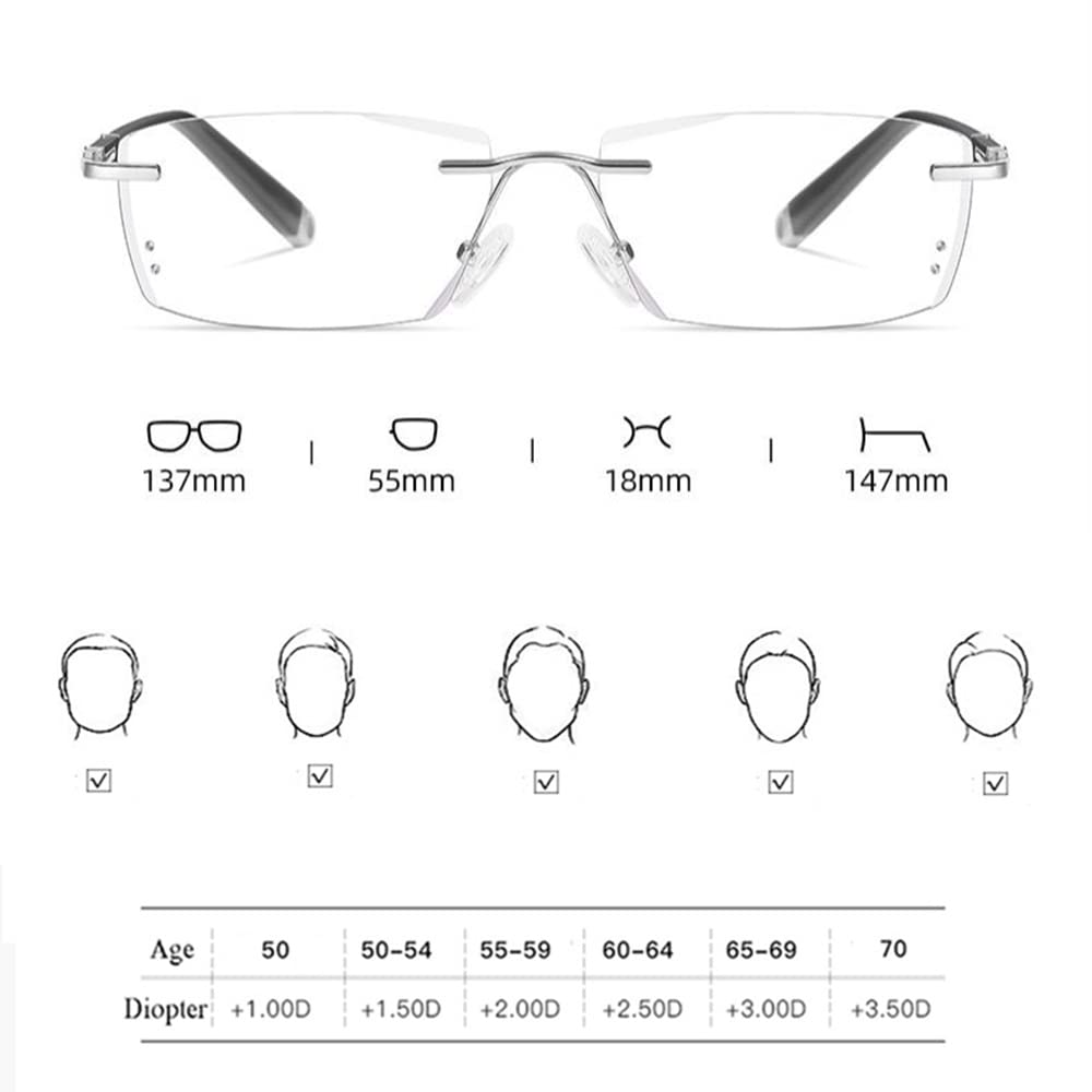 Herren Lesebrille HD Randlose Sonnenbrille UV Schutz Photochrome Lesehilfe Sehhilfen Metallgestell Sonnenleser Anti Blaues Licht (Size : 2.0X)