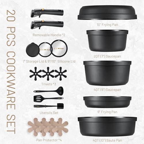 Image of CAROTE 20pcs Pots and Pans Set Non Stick, Detachable Handle Cookware Sets