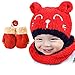 Bearbro Linda Bebé Sombrero y Bufanda Guantes Otoño Invierno Primavera Gorro Bebe Calentito, Unisex Invierno Sombrero Niños Niñas Gorro Conjunto de Bufanda y Guantes de Sombrero Cálido Bebé (Rojo)