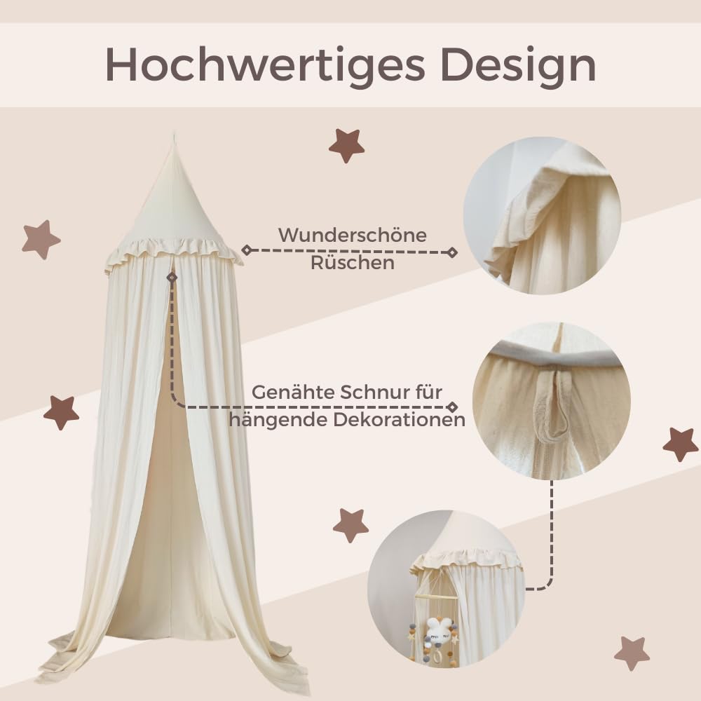 Wonder Space Kinderbetthimmel mit Rüschen, Pastell Neutrale Farbe für Jungen & Mädchen, Hängender Vorhang Moskitonetz für Kinderzimmer Babybett Kleinkinderbett Leseecke Dekoration (Cremefarben)