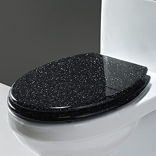 Elongated Glitter Toilet Seat with Soft Close and Non-Slip Seat Bumpers, Easy to Clean, Black - Durable and Stylish Bathroom Accessory